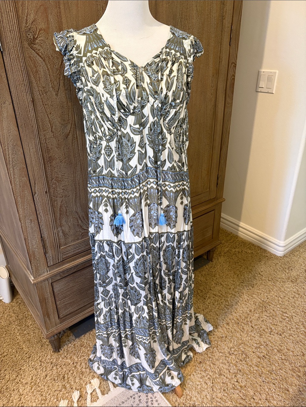 Sleeveless Cream Maxi Dress with Green Floral Print